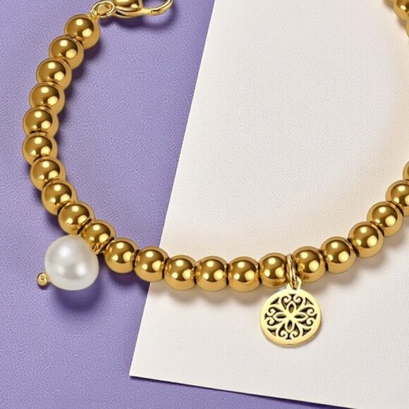 ๐๏ธBoho Chic Mandala Pearl Charm Bracelet 18K Gold Plated 316L Stainless Steel - Picture 7 of 11